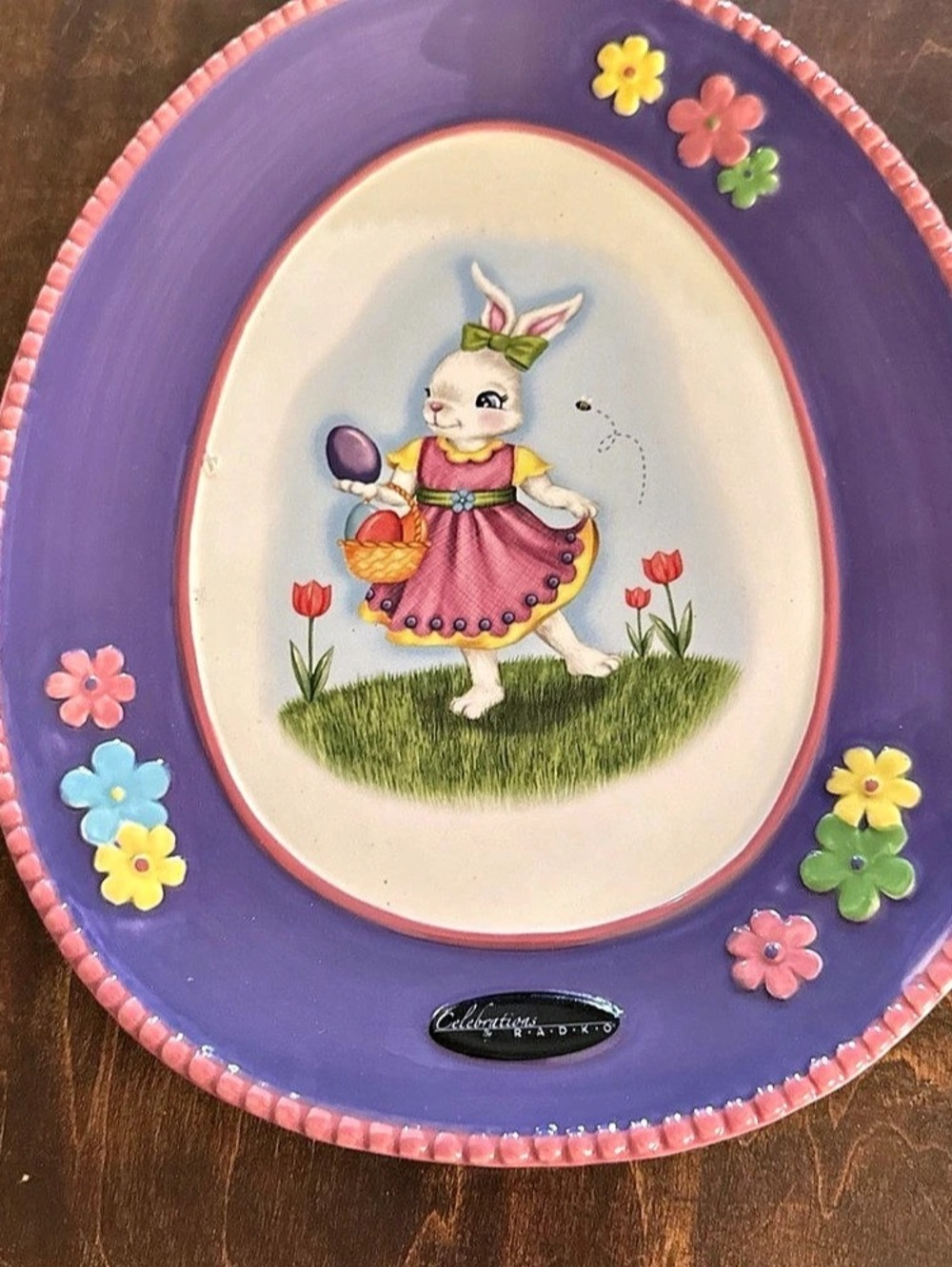 Celebrations by Radko Easter Egg Girl Bunny Platter Purple & Pink